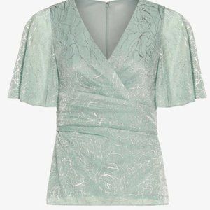 METALLIC FLUTTER SLEEVE FAUX WRAP TOP IN SEA GLASS Sz 14,  runs small